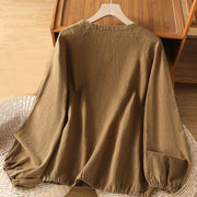 Buddha Stones Casual Plain Button Crew Neck Cotton Polyester Women's Shirt - image 17