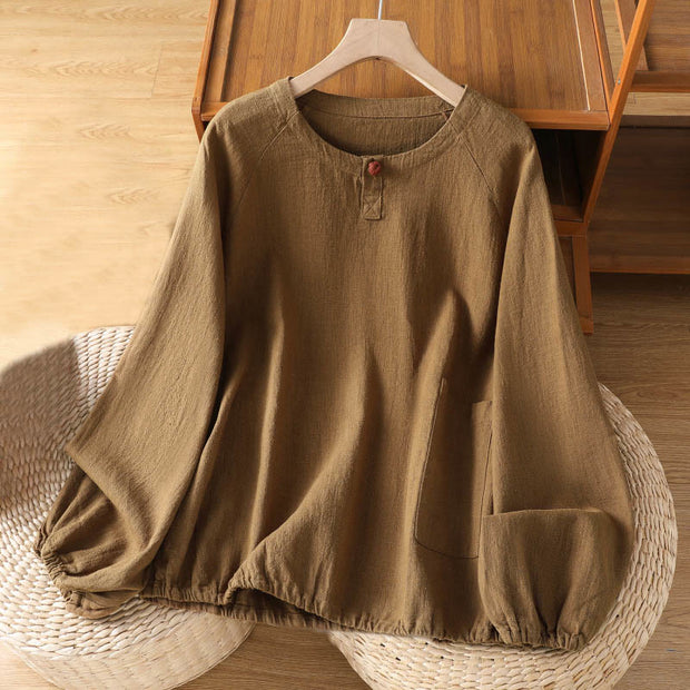 Buddha Stones Casual Plain Button Crew Neck Cotton Polyester Women's Shirt - Peru - US14，UK/AU18，EU46 (2XL) - image 16