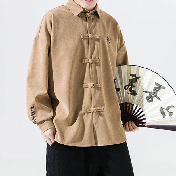 Buddha Stones Embroidery Chinese Frog-Button Design Tang Suit Men's Cotton Jacket Shirt - image 14