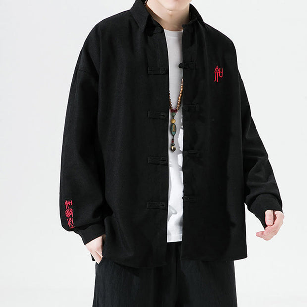Buddha Stones Embroidery Chinese Frog-Button Design Tang Suit Men's Cotton Jacket Shirt - image 2