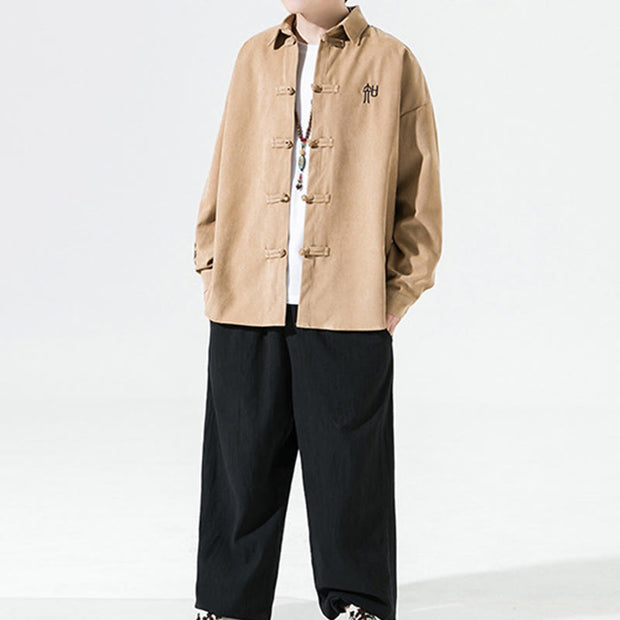 Buddha Stones Embroidery Chinese Frog-Button Design Tang Suit Men's Cotton Jacket Shirt - image 19