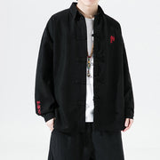Buddha Stones Embroidery Chinese Frog-Button Design Tang Suit Men's Cotton Jacket Shirt - Black - US/UK/AU46，EU56 (5XL) - image 1