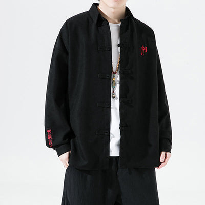 Buddha Stones Embroidery Chinese Frog-Button Design Tang Suit Men's Cotton Jacket Shirt - Black - US/UK/AU46，EU56 (5XL) - image 1