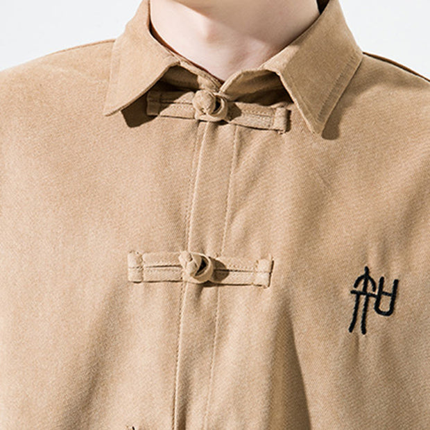 Buddha Stones Embroidery Chinese Frog-Button Design Tang Suit Men's Cotton Jacket Shirt - image 17