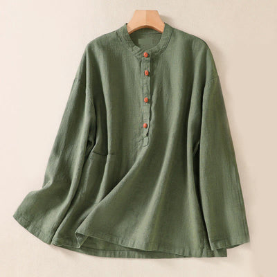Buddha Stones Casual Buttons Crew Neck Cotton Women's Shirt With Pockets - DarkSeaGreen - US14，UK/AU18，EU46 (2XL) - image 1