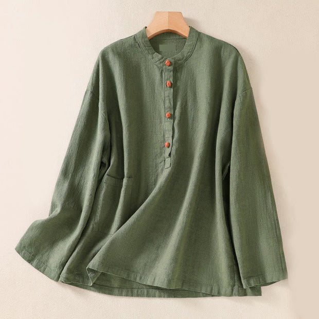 Buddha Stones Casual Buttons Crew Neck Cotton Women's Shirt With Pockets - DarkSeaGreen - US14，UK/AU18，EU46 (2XL) - image 1