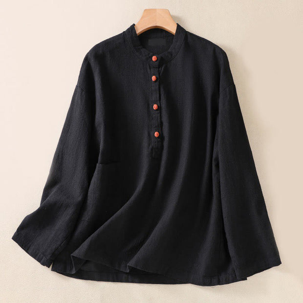 Buddha Stones Casual Buttons Crew Neck Cotton Women's Shirt With Pockets - Black - US14，UK/AU18，EU46 (2XL) - image 10