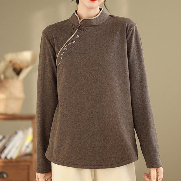 Buddha Stones Frog-button Cotton Women's Embroidered Flowers Shirt - SaddleBrown - US8-10，UK/AU12-14，EU40-42 (2XL) - image 1