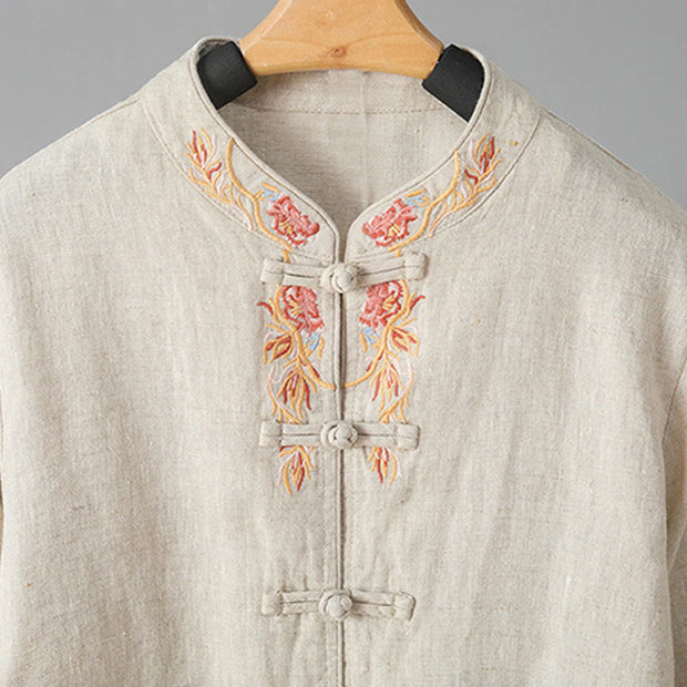 Buddha Stones Embroidery Flower Design Frog-buttons Cotton Women's Shirt - image 9