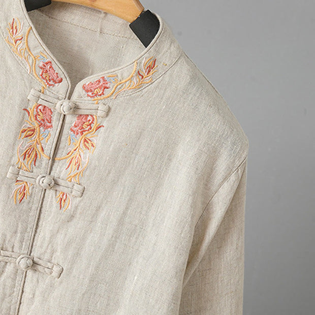 Buddha Stones Embroidery Flower Design Frog-buttons Cotton Women's Shirt - image 5