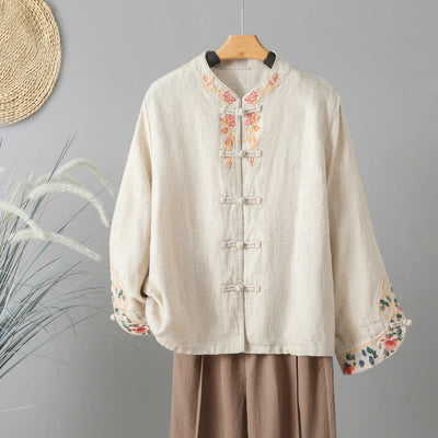 Buddha Stones Embroidery Flower Design Frog-buttons Cotton Women's Shirt - Beige - US12，UK/AU16，EU44 (2XL) - image 1
