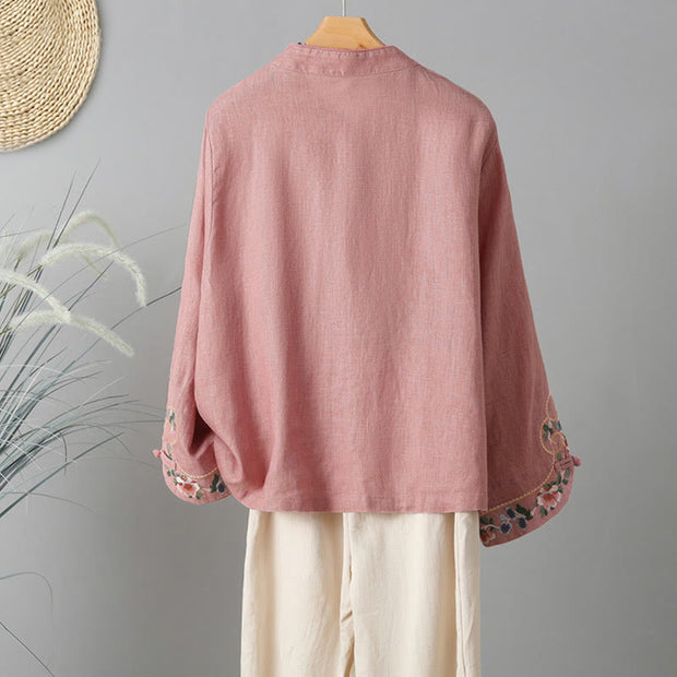 Buddha Stones Embroidery Flower Design Frog-buttons Cotton Women's Shirt - image 11
