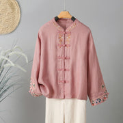 Buddha Stones Embroidery Flower Design Frog-buttons Cotton Women's Shirt - LightPink - US12，UK/AU16，EU44 (2XL) - image 10