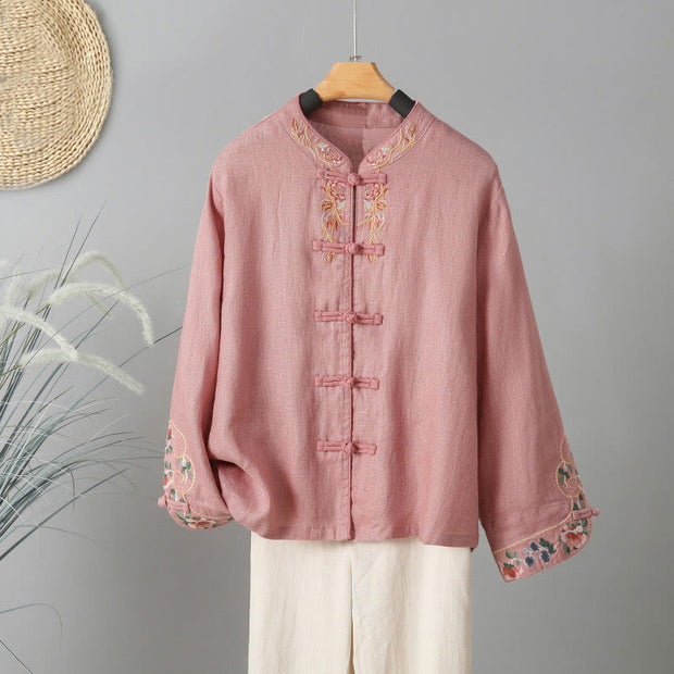 Buddha Stones Embroidery Flower Design Frog-buttons Cotton Women's Shirt - LightPink - US12，UK/AU16，EU44 (2XL) - image 10