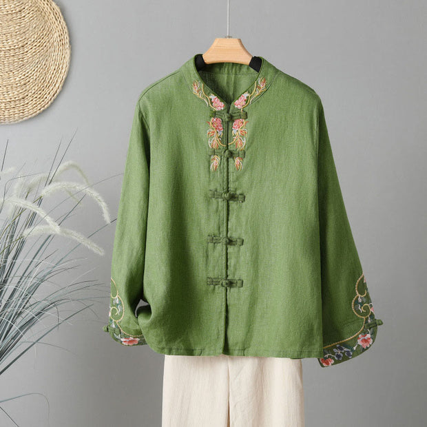 Buddha Stones Embroidery Flower Design Frog-buttons Cotton Women's Shirt - OliveDrab - US12，UK/AU16，EU44 (2XL) - image 13
