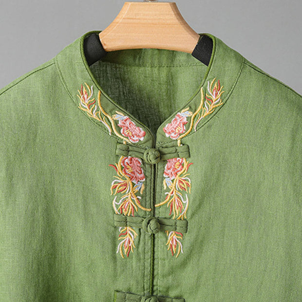 Buddha Stones Embroidery Flower Design Frog-buttons Cotton Women's Shirt - image 15