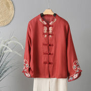 Buddha Stones Embroidery Flower Design Frog-buttons Cotton Women's Shirt - FireBrick - US12，UK/AU16，EU44 (2XL) - image 16