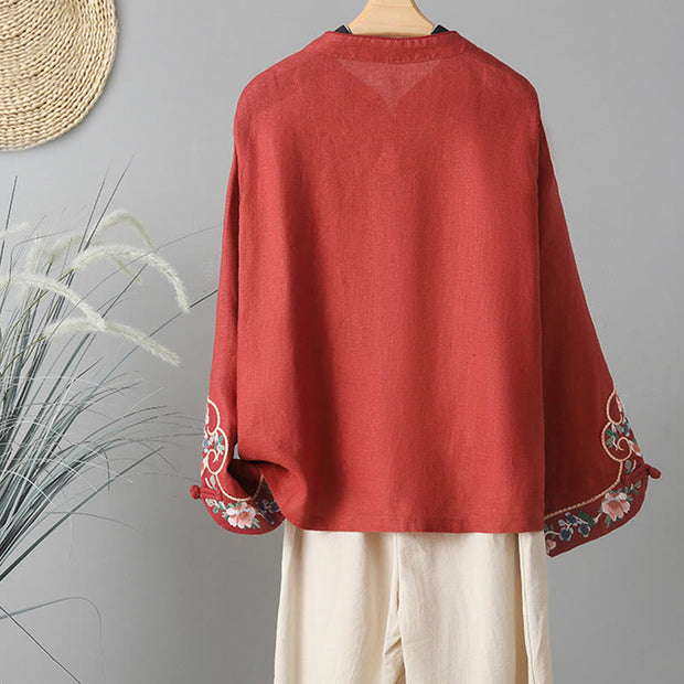 Buddha Stones Embroidery Flower Design Frog-buttons Cotton Women's Shirt - image 17