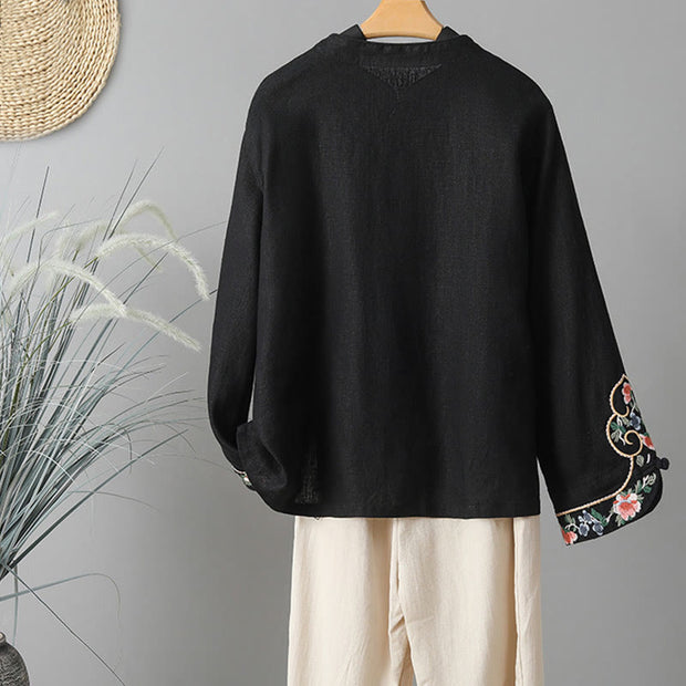 Buddha Stones Embroidery Flower Design Frog-buttons Cotton Women's Shirt - image 20