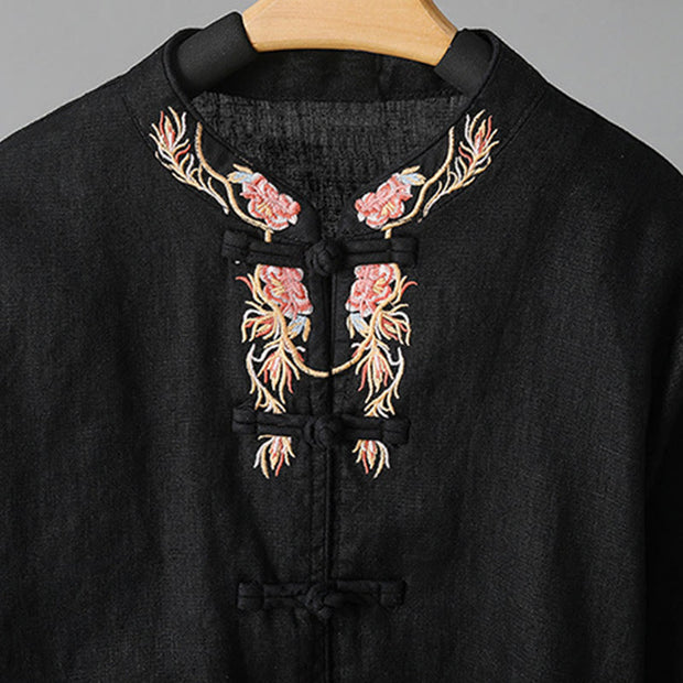 Buddha Stones Embroidery Flower Design Frog-buttons Cotton Women's Shirt - image 25