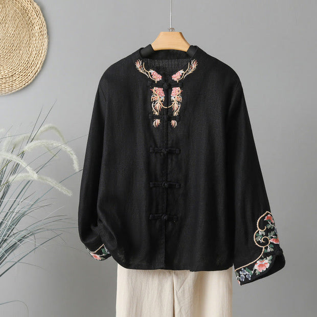 Buddha Stones Embroidery Flower Design Frog-buttons Cotton Women's Shirt - Black - US12，UK/AU16，EU44 (2XL) - image 19