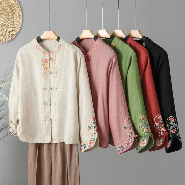 Buddha Stones Embroidery Flower Design Frog-buttons Cotton Women's Shirt - image 26