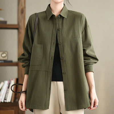 Buddha Stones Casual Plain Buttons Cotton Women's Shirt With Pockets - DarkOliveGreen - US14，UK/AU18，EU46 (2XL) - image 1