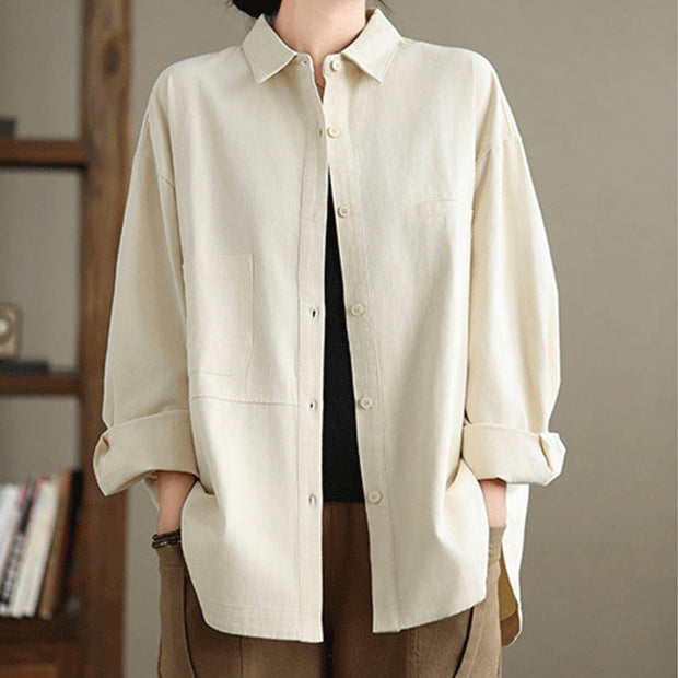 Buddha Stones Casual Plain Buttons Cotton Women's Shirt With Pockets - Beige - US14，UK/AU18，EU46 (2XL) - image 7