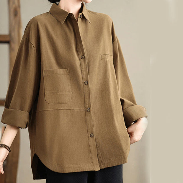 Buddha Stones Casual Plain Buttons Cotton Women's Shirt With Pockets - image 27