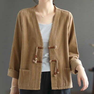 Buddha Stones Retro Women's Cotton Corduroy Jacket With Pockets - BurlyWood - US12，UK/AU16，EU44 (2XL) - image 1