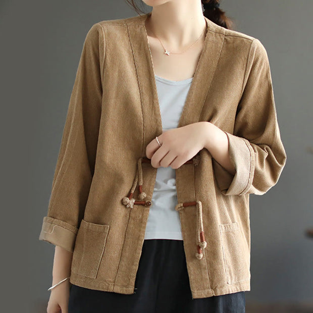 Buddha Stones Retro Women's Cotton Corduroy Jacket With Pockets - image 2