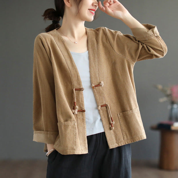 Buddha Stones Retro Women's Cotton Corduroy Jacket With Pockets - image 3