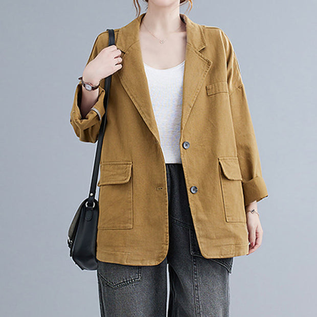 Buddha Stones Retro Solid Color Women's Cotton Blazer Jacket With Pockets - image 6