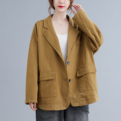 Buddha Stones Retro Solid Color Women's Cotton Blazer Jacket With Pockets - Goldenrod - US14，UK/AU18，EU46 (2XL) - image 1