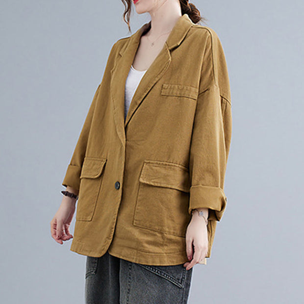 Buddha Stones Retro Solid Color Women's Cotton Blazer Jacket With Pockets - image 2