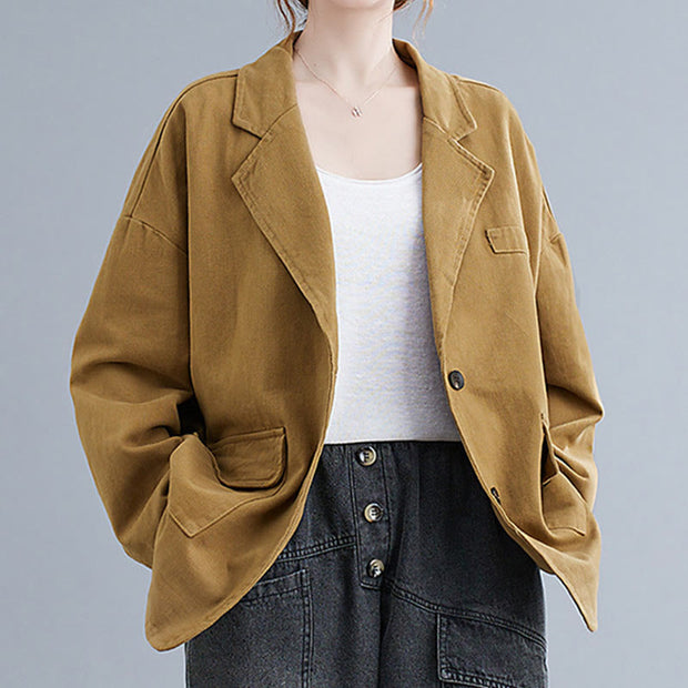 Buddha Stones Retro Solid Color Women's Cotton Blazer Jacket With Pockets - image 5