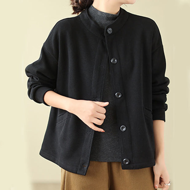 Buddha Stones Solid Color Women's Cotton Buttons Jacket With Pockets - image 3