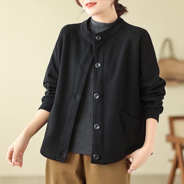 Buddha Stones Solid Color Women's Cotton Buttons Jacket With Pockets - image 5