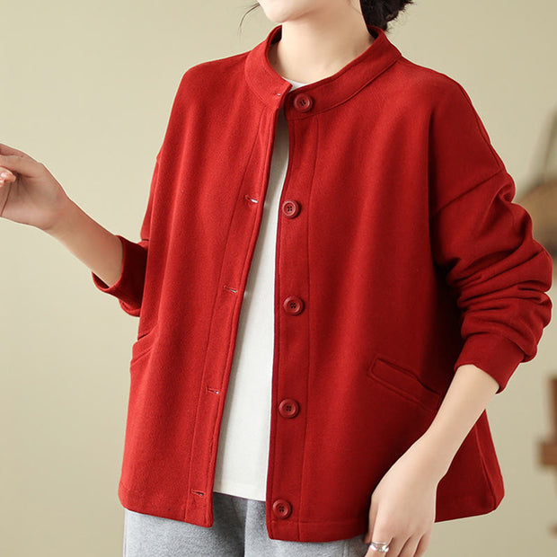 Buddha Stones Solid Color Women's Cotton Buttons Jacket With Pockets - image 7