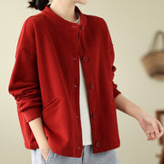 Buddha Stones Solid Color Women's Cotton Buttons Jacket With Pockets - FireBrick - US14，UK/AU18，EU46 (2XL) - image 6
