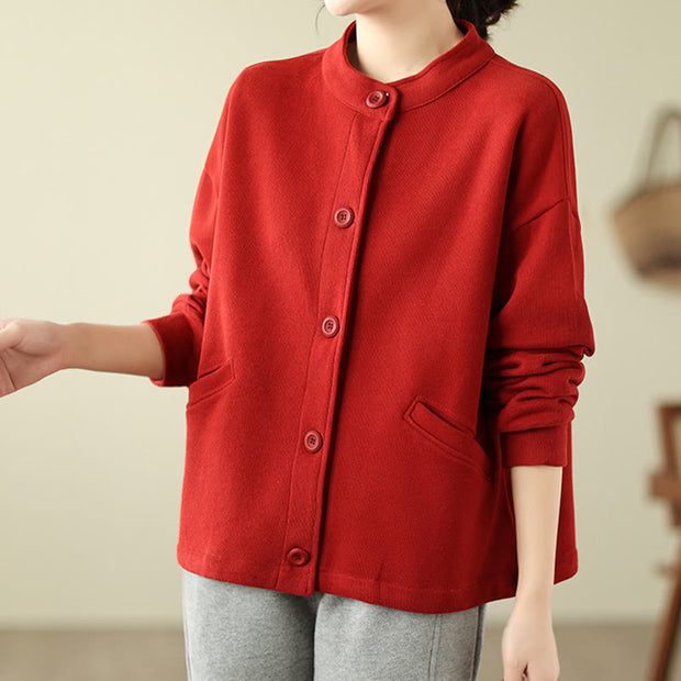 Buddha Stones Solid Color Women's Cotton Buttons Jacket With Pockets - image 9