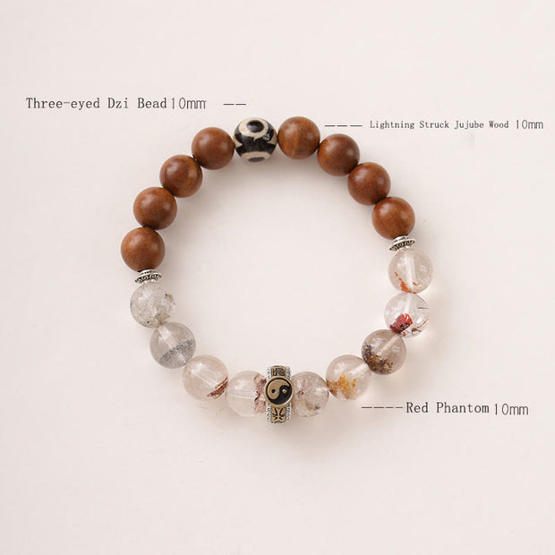 Buddha Stones Lightning Struck Wood Red Phantom Yin Yang Protection Bracelet - image 3