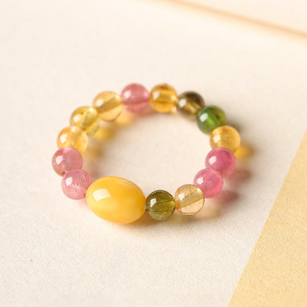 Buddha Stones Natural Tourmaline Lucky Pearl Pixiu Amber Positive Love Ring - image 12