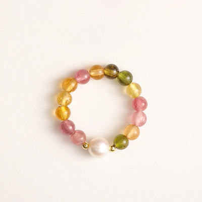 Buddha Stones Natural Tourmaline Lucky Pearl Pixiu Amber Positive Love Ring - Tourmaline & Pearl - image 1