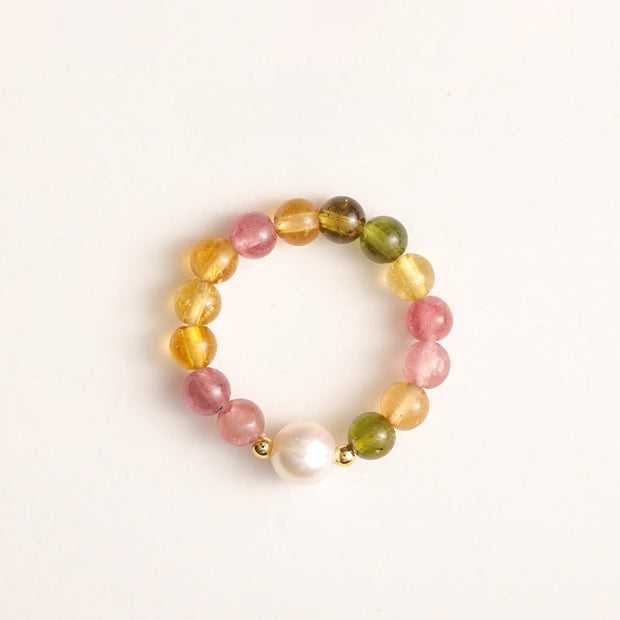 Buddha Stones Natural Tourmaline Lucky Pearl Pixiu Amber Positive Love Ring - Tourmaline & Pearl - image 1