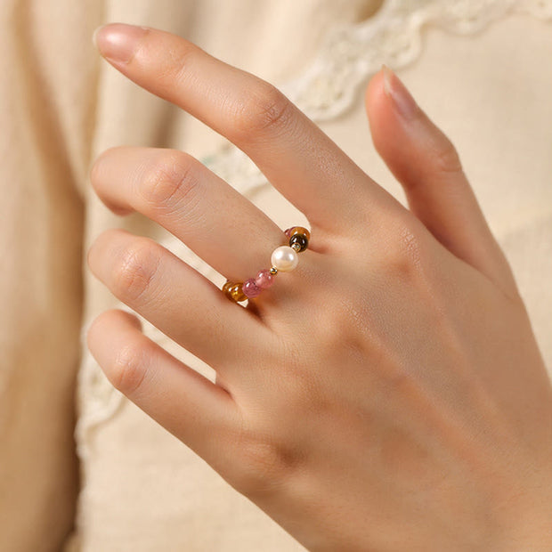 Buddha Stones Natural Tourmaline Lucky Pearl Pixiu Amber Positive Love Ring - image 3