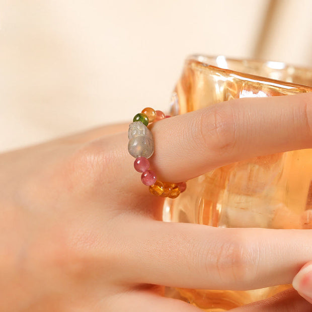 Buddha Stones Natural Tourmaline Lucky Pearl Pixiu Amber Positive Love Ring - image 8