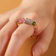 Buddha Stones Natural Tourmaline Lucky Pearl Pixiu Amber Positive Love Ring - image 9