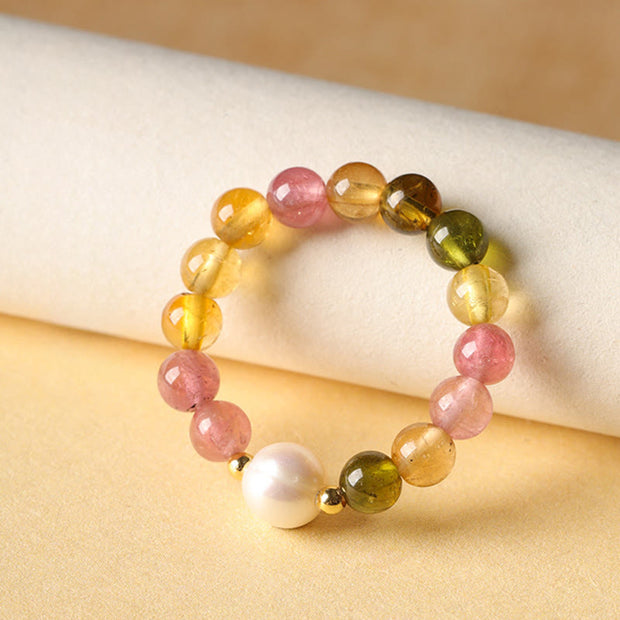Buddha Stones Natural Tourmaline Lucky Pearl Pixiu Amber Positive Love Ring - image 2
