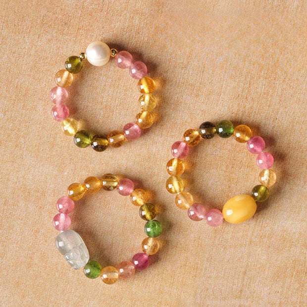 Buddha Stones Natural Tourmaline Lucky Pearl Pixiu Amber Positive Love Ring - image 15